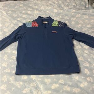 Vineyard Vines Woman's Blue Quarter Zip- Up Sweater with Christmas Print